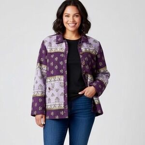 Vintage 90s Sag Harbor Tapestry Jacket Women 14 Purple Oversize Lagenlook Button
